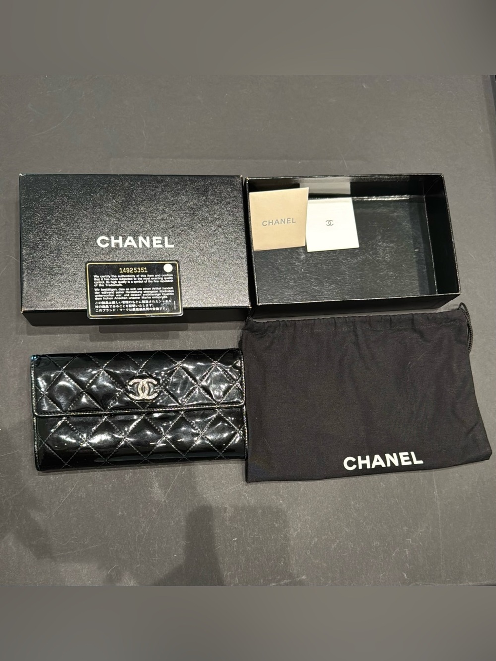 CHANEL WALLET Black Quilted Patent Leather Long wallet with Silver CC